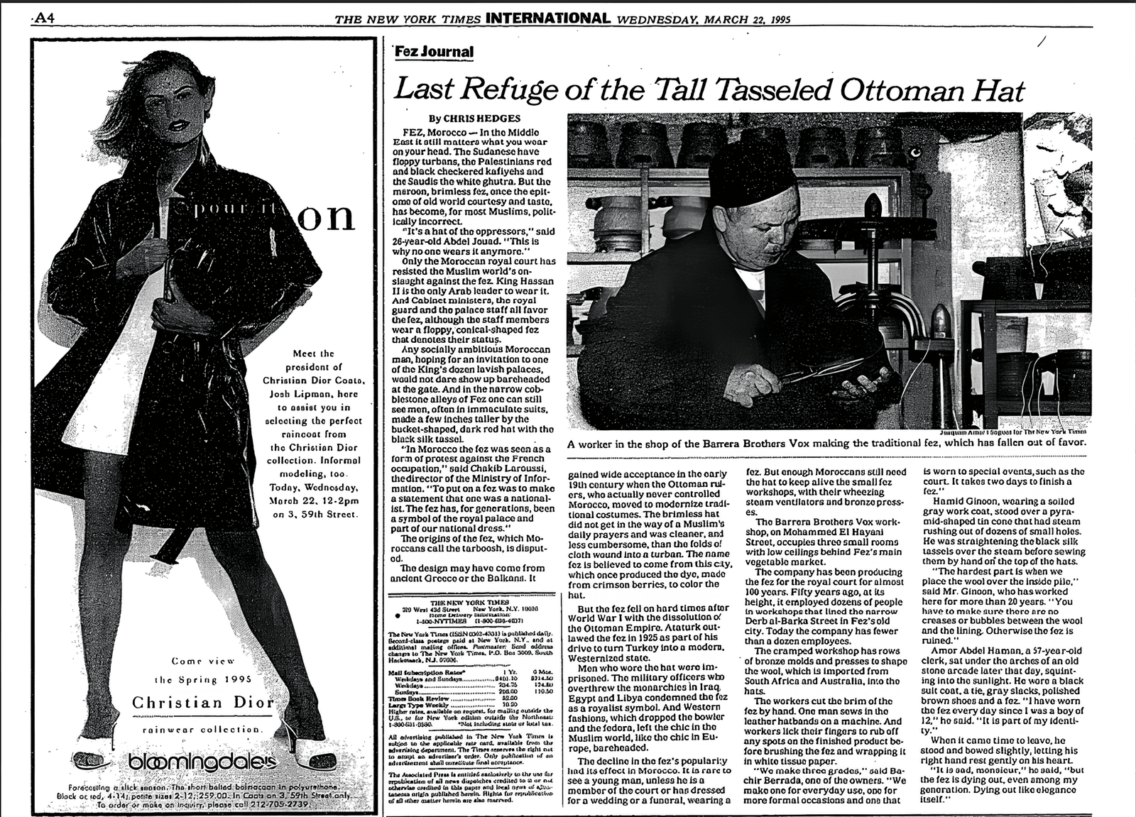1995 — The New York Times Fez Journal Last Refuge of the Tall Tasseled Ottoman Hat